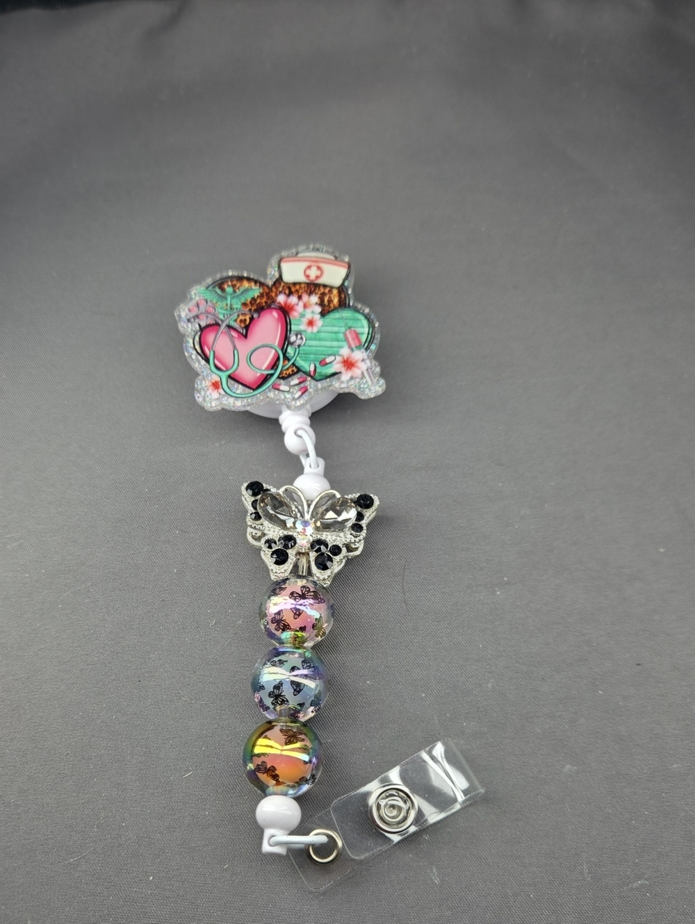 Hand Crafted Pink & Multicolor Butterfly Beaded Badge Reel